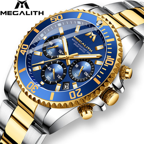 MEGALITH Luxury Mens Watches Sports Chronograph Waterproof Analog 24 Hour Date Quartz Watch Men Full Steel Wrist Watches Clock