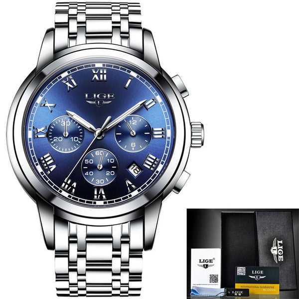 LIGE Men Watches Top Luxury Brand Full Steel Waterproof Sport Quartz Watch Men Fashion Date Clock Chronograph Relogio Masculino