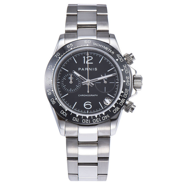 39mm PARNIS white dial sapphire crystal solid full Chronograph quartz mens watch