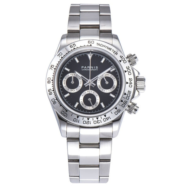 39mm PARNIS white dial sapphire crystal solid full Chronograph quartz mens watch