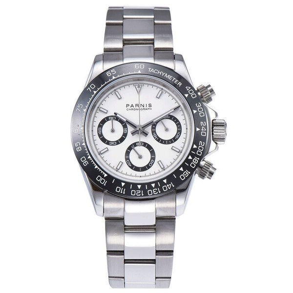 39mm PARNIS white dial sapphire crystal solid full Chronograph quartz mens watch