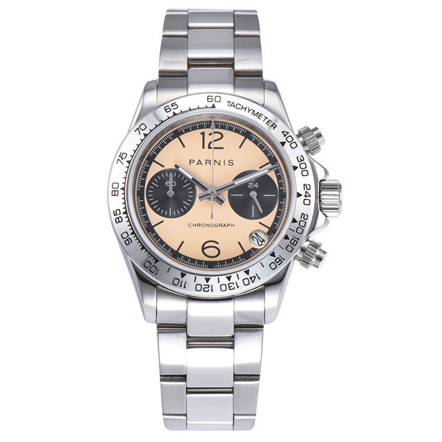 39mm PARNIS white dial sapphire crystal solid full Chronograph quartz mens watch