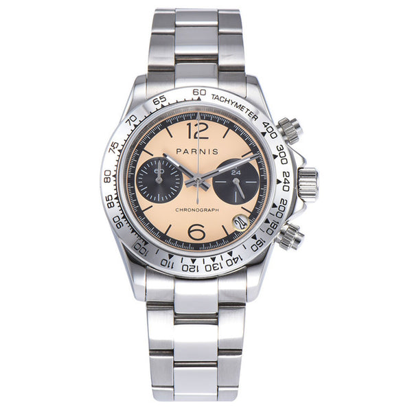 39mm PARNIS white dial sapphire crystal solid full Chronograph quartz mens watch