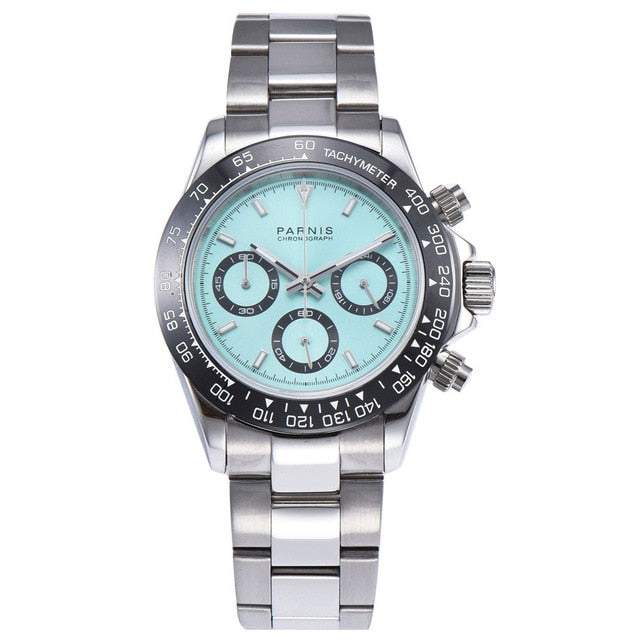 39mm PARNIS white dial sapphire crystal solid full Chronograph quartz mens watch