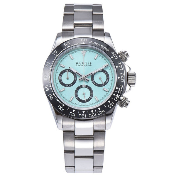 39mm PARNIS white dial sapphire crystal solid full Chronograph quartz mens watch