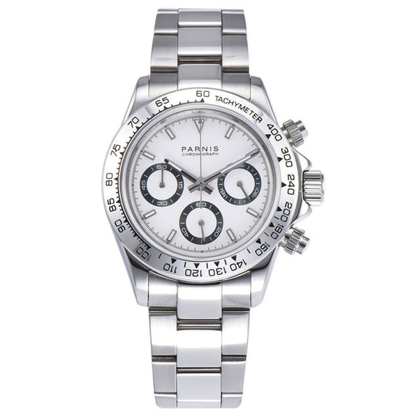 39mm PARNIS white dial sapphire crystal solid full Chronograph quartz mens watch