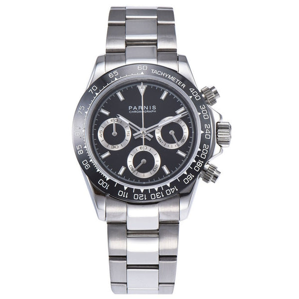 39mm PARNIS white dial sapphire crystal solid full Chronograph quartz mens watch