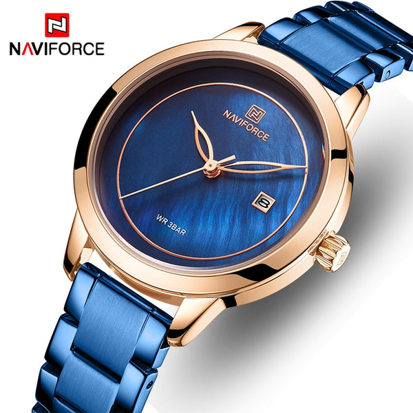 NAVIFORCE Women Watch Stainless Steel Lady Wristwatch Fashion Waterproof Ladies Watches Simple Blue Girl Clock Relogio Feminino