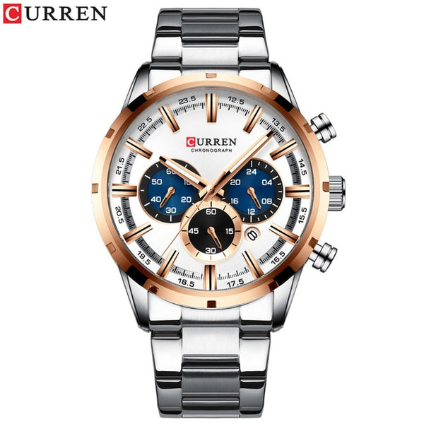 CURREN Top Brand Military Quartz Watches Silver Clock Mens Quartz Stainless Steel Chronograph Watch for Men Casual Sporty Watch