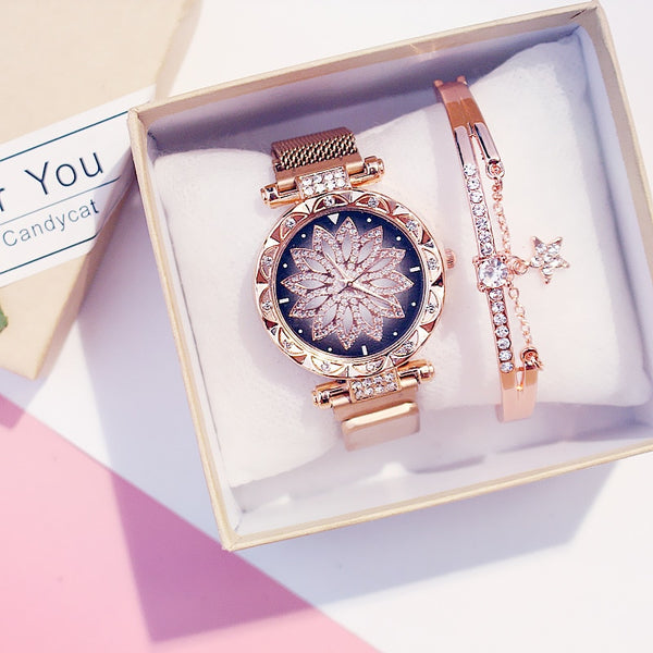 Fashion Women Mesh Magnet Buckle Lucky Flower Watch Luxury Ladies Rhinestone Quartz Watch Bracelet set woman Relogio Feminino