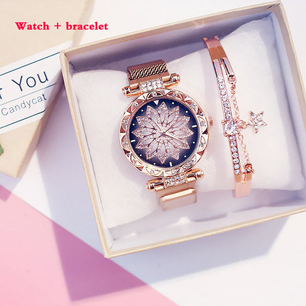 Fashion Women Mesh Magnet Buckle Lucky Flower Watch Luxury Ladies Rhinestone Quartz Watch Bracelet set woman Relogio Feminino