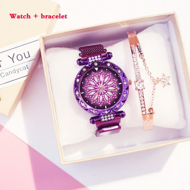 Fashion Women Mesh Magnet Buckle Lucky Flower Watch Luxury Ladies Rhinestone Quartz Watch Bracelet set woman Relogio Feminino