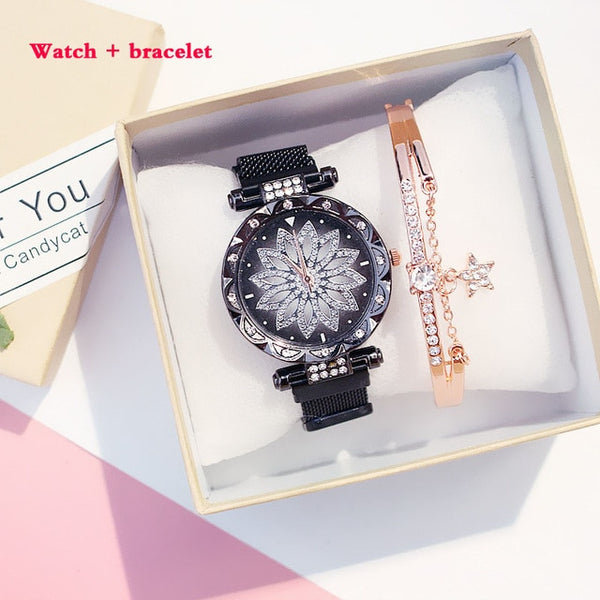 Fashion Women Mesh Magnet Buckle Lucky Flower Watch Luxury Ladies Rhinestone Quartz Watch Bracelet set woman Relogio Feminino