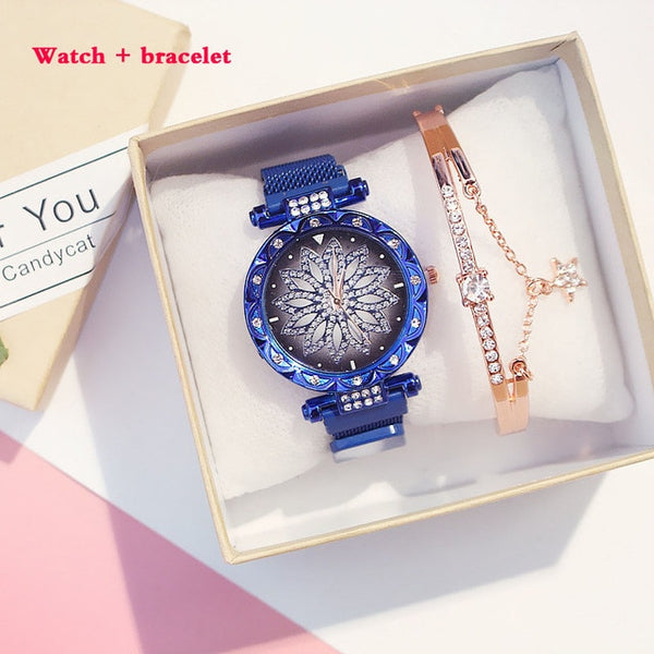 Fashion Women Mesh Magnet Buckle Lucky Flower Watch Luxury Ladies Rhinestone Quartz Watch Bracelet set woman Relogio Feminino