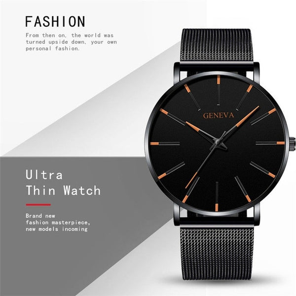 Geneva Ultra Thin Mens Watches Blue Pointer Leisure Quartz WristWatch Stainless Mesh Strap Dial Clock Gift Relogio Masculino