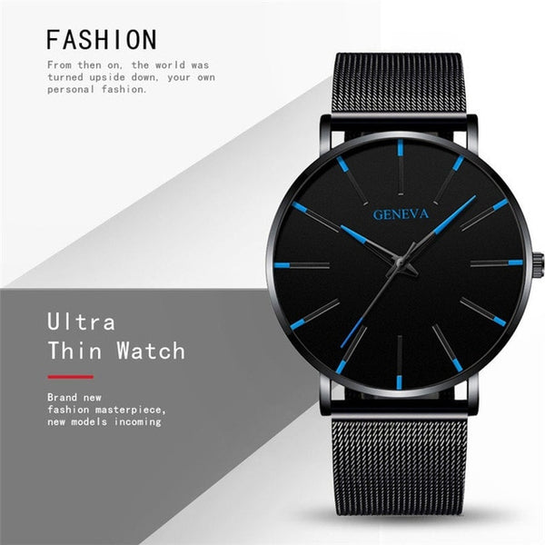Geneva Ultra Thin Mens Watches Blue Pointer Leisure Quartz WristWatch Stainless Mesh Strap Dial Clock Gift Relogio Masculino