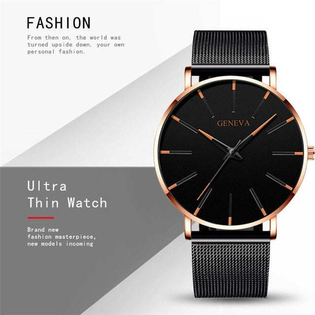 Geneva Ultra Thin Mens Watches Blue Pointer Leisure Quartz WristWatch Stainless Mesh Strap Dial Clock Gift Relogio Masculino