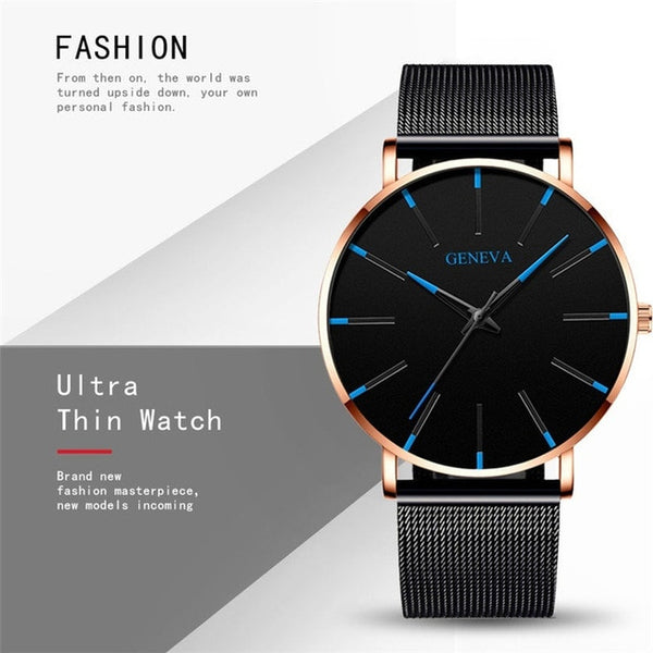 Geneva Ultra Thin Mens Watches Blue Pointer Leisure Quartz WristWatch Stainless Mesh Strap Dial Clock Gift Relogio Masculino