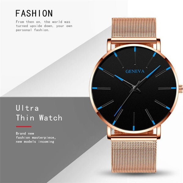 Geneva Ultra Thin Mens Watches Blue Pointer Leisure Quartz WristWatch Stainless Mesh Strap Dial Clock Gift Relogio Masculino