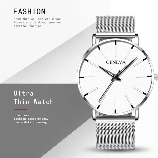 Geneva Ultra Thin Mens Watches Blue Pointer Leisure Quartz WristWatch Stainless Mesh Strap Dial Clock Gift Relogio Masculino