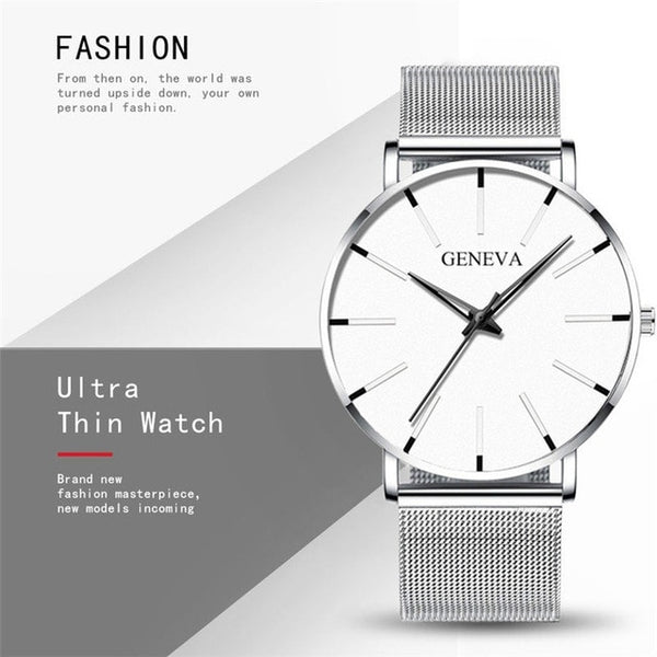 Geneva Ultra Thin Mens Watches Blue Pointer Leisure Quartz WristWatch Stainless Mesh Strap Dial Clock Gift Relogio Masculino