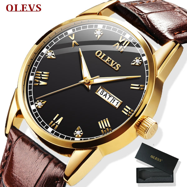 OLEVS Watch Men Brown Leather Quartz Auto Date Calendar Original Brand Waterptoof Business Wristwatch Fashion Male