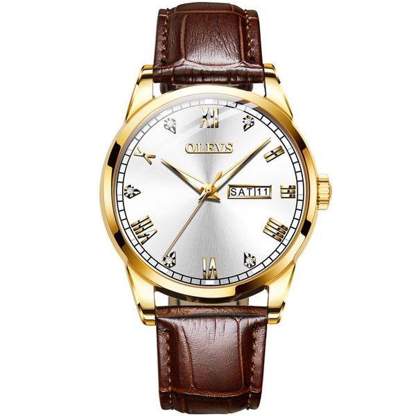 OLEVS Watch Men Brown Leather Quartz Auto Date Calendar Original Brand Waterptoof Business Wristwatch Fashion Male