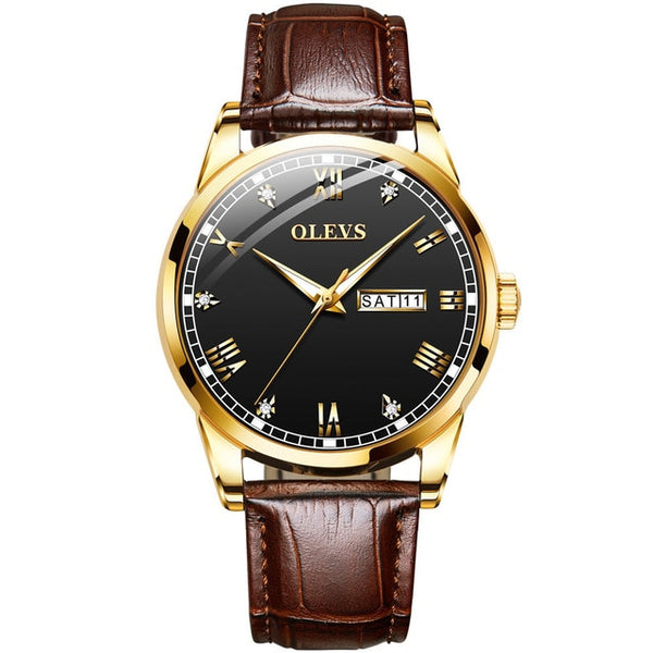 OLEVS Watch Men Brown Leather Quartz Auto Date Calendar Original Brand Waterptoof Business Wristwatch Fashion Male