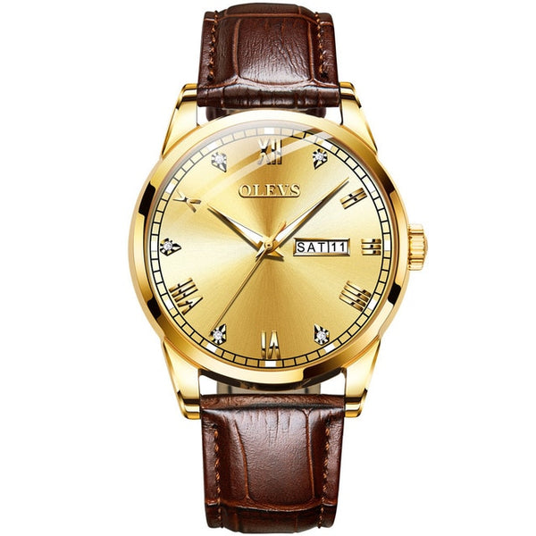 OLEVS Watch Men Brown Leather Quartz Auto Date Calendar Original Brand Waterptoof Business Wristwatch Fashion Male