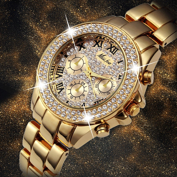 MISSFOX Women Watches Luxury Watch Women Fashion 2019 Fake Chronograph Roman Numerals 18K Gold Ladies Watches Quartz Wristwatch