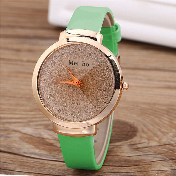 Fashion Women's Wrist Watch Candy Color Skin Slim Band Quartz Disc Flash Simple Clock Dial Shiny Rhinestone Ladies Watch RUNERR