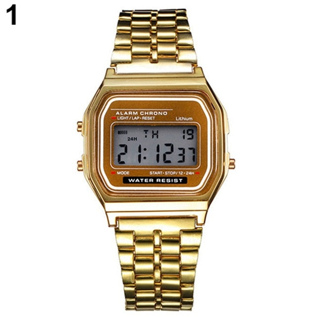 Fashion Men Women LED Digital Watch Clock Gold Silver Vintage Full Stainless Steel Sport Military Wristwatches Relogio Masculino