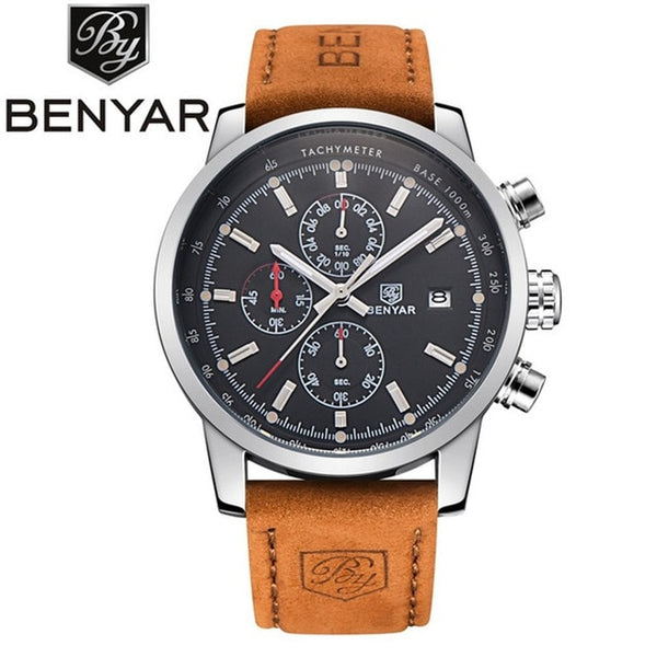 BENYAR Brand Sport Men Watch Top Brand Luxury Male Leather Waterproof Chronograph Quartz Military Wrist Watch Men Clock saat
