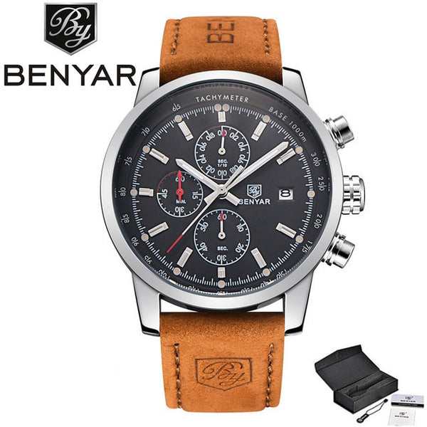BENYAR Brand Sport Men Watch Top Brand Luxury Male Leather Waterproof Chronograph Quartz Military Wrist Watch Men Clock saat