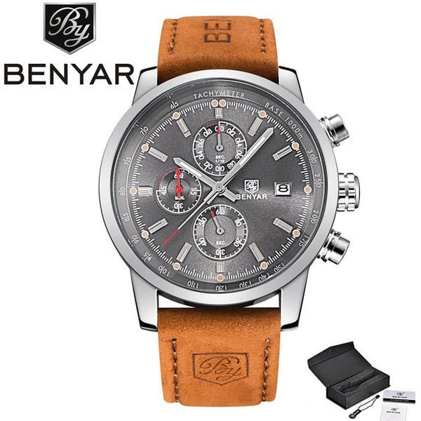 BENYAR Brand Sport Men Watch Top Brand Luxury Male Leather Waterproof Chronograph Quartz Military Wrist Watch Men Clock saat