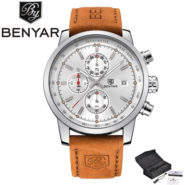 BENYAR Brand Sport Men Watch Top Brand Luxury Male Leather Waterproof Chronograph Quartz Military Wrist Watch Men Clock saat