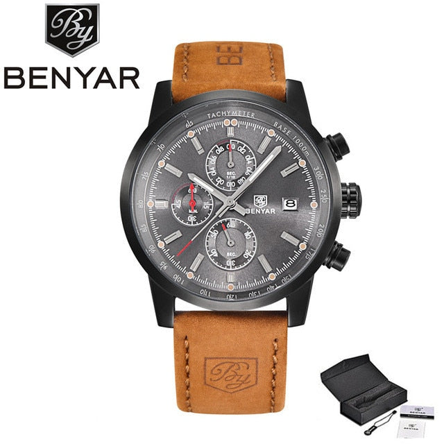 BENYAR Brand Sport Men Watch Top Brand Luxury Male Leather Waterproof Chronograph Quartz Military Wrist Watch Men Clock saat