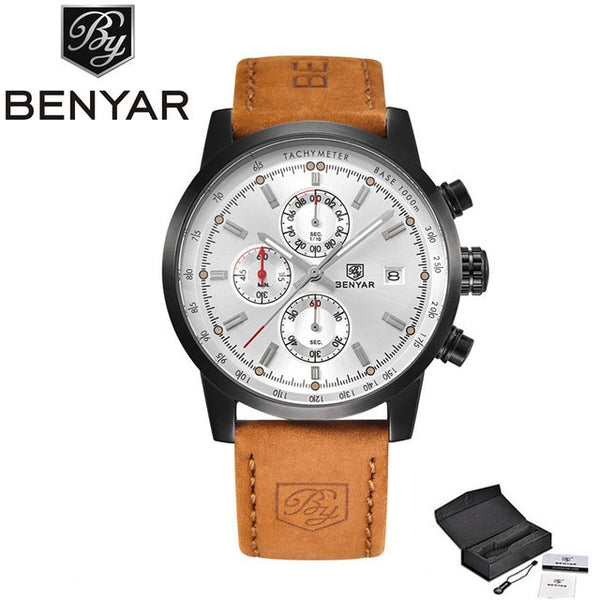 BENYAR Brand Sport Men Watch Top Brand Luxury Male Leather Waterproof Chronograph Quartz Military Wrist Watch Men Clock saat