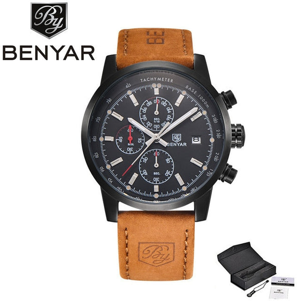 BENYAR Brand Sport Men Watch Top Brand Luxury Male Leather Waterproof Chronograph Quartz Military Wrist Watch Men Clock saat