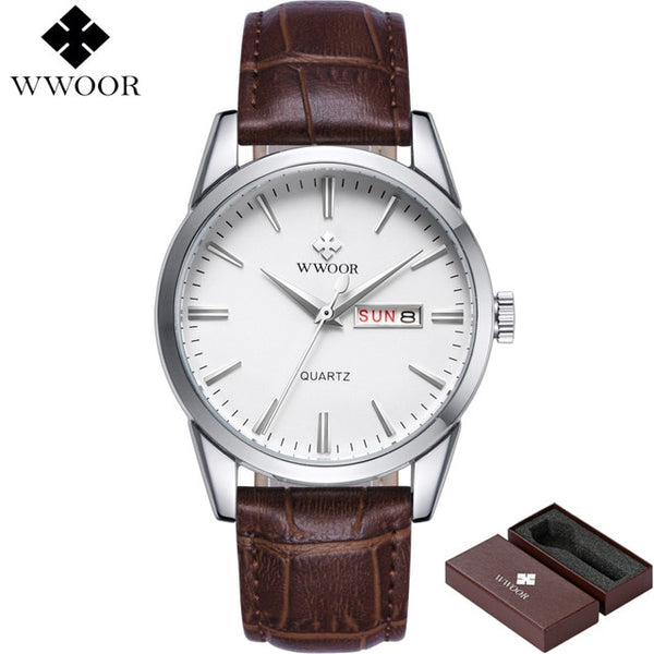 Brand Luxury Men's Watch Date Day Genuine Leather Strap Sport Watches Male Casual Quartz Watch Men Wristwatch Famous WWOOR Clock