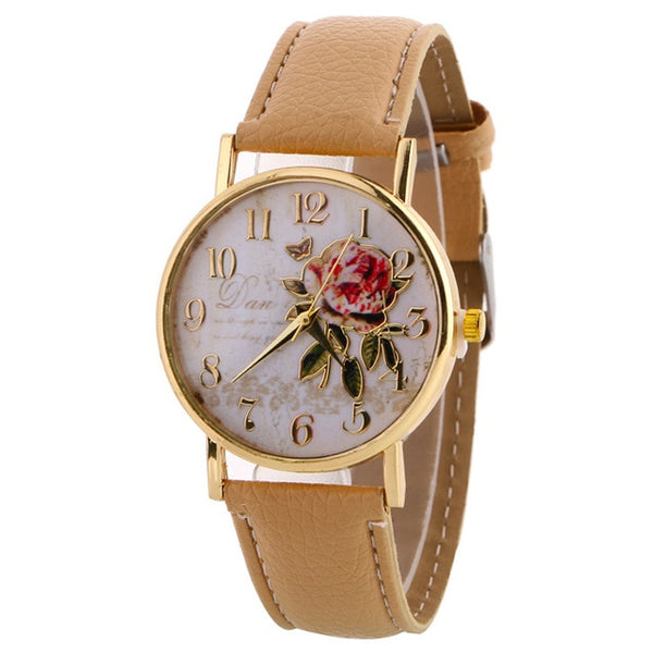 MINHIN New Arrival Rose Pattern Watches For Women Hot Selling PU Leather Wrist Watches Gift Fashion Casual Students Watch