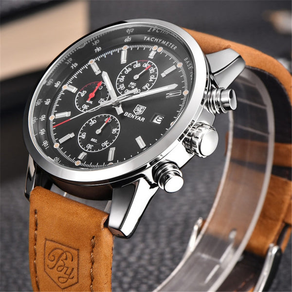 BENYAR Brand Sport Men Watch Top Brand Luxury Male Leather Waterproof Chronograph Quartz Military Wrist Watch Men Clock saat