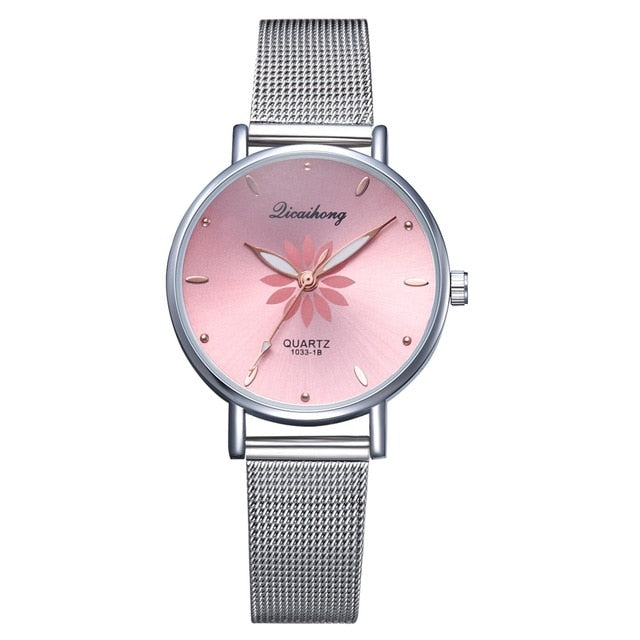 Women's Wristwatches Luxury Silver Popular Pink Dial Flowers Metal Ladies Bracelet Quartz Clock Fashion Wrist Watch 2019 Top