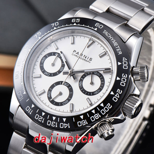 39mm PARNIS white dial sapphire crystal solid full Chronograph quartz mens watch