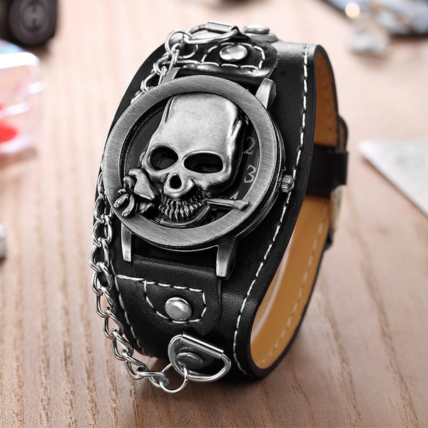 High Quality O.T.SEA Brand Rose Skull Quartz Punk Watches Luxury Leather Sports Watch Relogio Masculino 1831-5