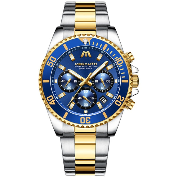 MEGALITH Luxury Mens Watches Sports Chronograph Waterproof Analog 24 Hour Date Quartz Watch Men Full Steel Wrist Watches Clock