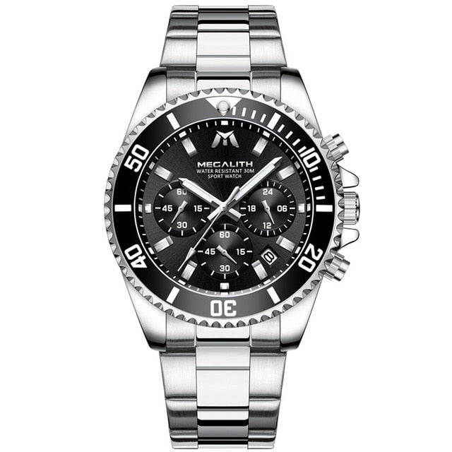 MEGALITH Luxury Mens Watches Sports Chronograph Waterproof Analog 24 Hour Date Quartz Watch Men Full Steel Wrist Watches Clock