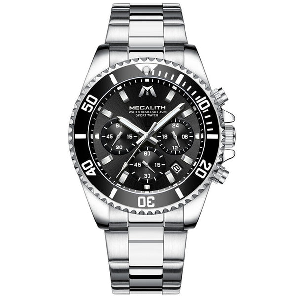 MEGALITH Luxury Mens Watches Sports Chronograph Waterproof Analog 24 Hour Date Quartz Watch Men Full Steel Wrist Watches Clock
